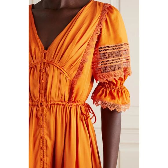 NWT SELF-PORTRAIT Lace Trim Satin Twill Ruffle Midi Dress In Orange Size 0 UK 4 - Picture 10 of 11